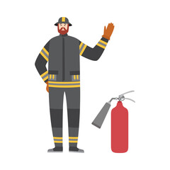 Firefighter with extinguisher, flat cartoon vector illustration isolated