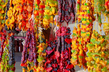 the hanging linking of beautiful multi-colored tasty churchkhela