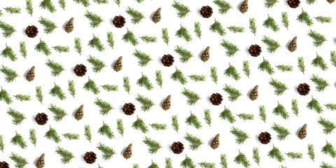 Pine cone Christmas background on green. Pine branches and cones. minimal creative cone arrangement pattern. flat lay, Modern christmas Background.