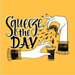 Squeeze the day hand-drawn lettering motivational quote. Typography for print, t-shirt, social media, poster, web design element. Vector lettering with brush script and doodle illustration. 