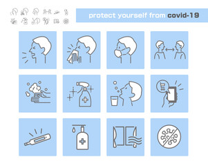 新型コロナウイルス対策アイコンセット covid-19 ベクターイラスト