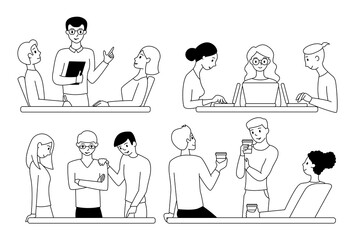 Teamwork concepts set. People  working in the office. Black outline. Isolated on white background. Vector illustration.