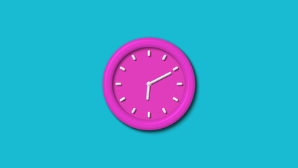 New pink color 3d wall clock isolated on cyan background,12 hours wall clock