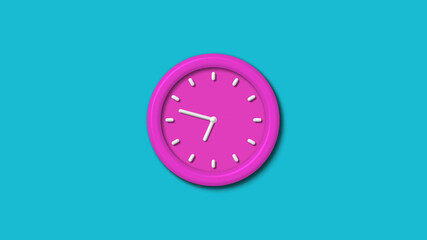 New pink color 3d wall clock isolated on cyan background,12 hours wall clock