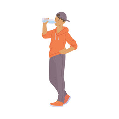 Vector flat isolated illustration of teenage boy drinking clean water from a bottle