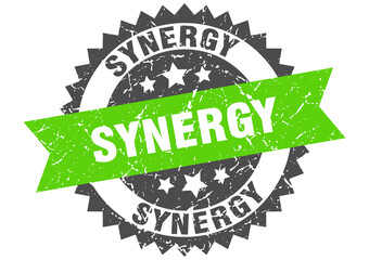 synergy stamp. grunge round sign with ribbon