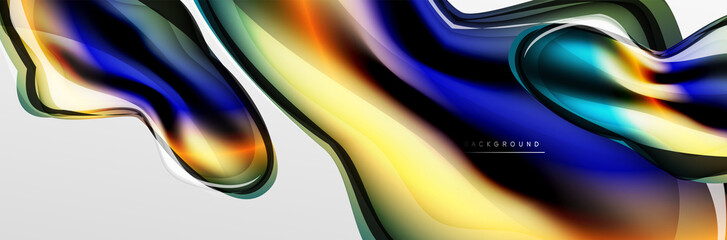 Vector abstract background, flowing liquid style bubble with metallic, color quicksilver chrome texture and color glow effects