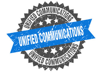 unified communications stamp. grunge round sign with ribbon