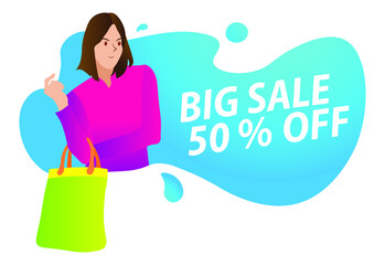 woman with shopping bag with word big sale 50 percent off flat design vector illustration isolated on white background