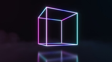 Futuristic Sci FI abstract neon light shapes on black background with empty space for text. 3d rendering