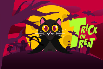Happy Halloween Background With Cute black vampire cat,tombstone,Spooky Forest, Bat and full moon in the sky