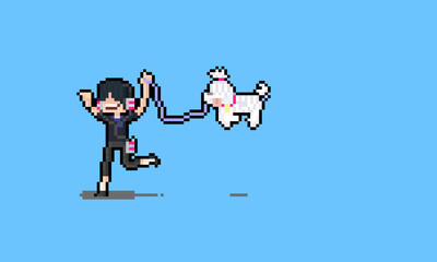 Pixel art cartoon funny man with white puppy.