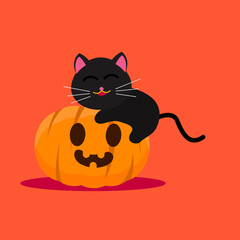 Vector Illustration for Halloween, Cute Black Cat on the pumpkin