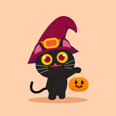 Vector Illustration for Halloween, Cute Black cat Carrying Pumpkin