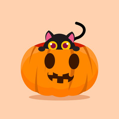 Vector Illustration for Halloween, Cute Black Cat Hide in the jack-o-lantern