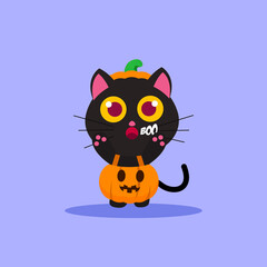 Vector Illustration for Halloween, Cute Black Cat Wearing jack-o-lantern Costume