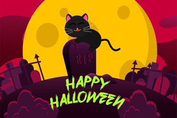 Happy Halloween Background With cute black cat on a tombstone on a full moon night. vector Illustration