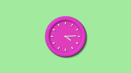 New pink color 3d wall clock isolated on green light background,12 hours wall clock