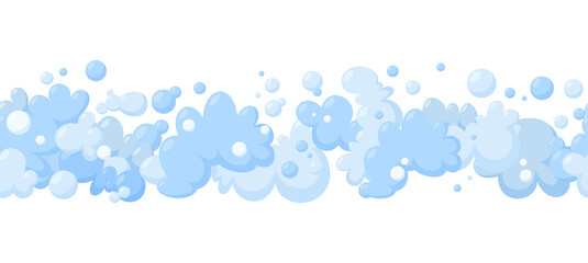 Foam made of soap or clouds. Horizontal seamless pattern in white background. Light blue foam and bubbles for cleaning. Vector illustration in cartoon style