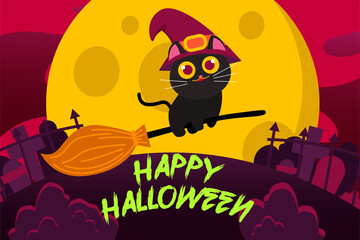 Happy Halloween Background with Happy Cute Black Cat Riding broomstick Full Moon in the sky. vector Illustration