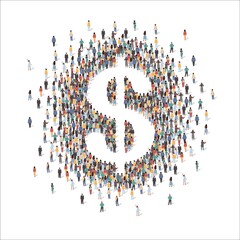 Large group of people forming US dollar sign standing together, flat vector illustration. People crowd gathering. Business, finance, banking symbol.