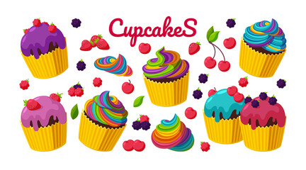 Cupcakes and berries in big creamy set. Cupcakes with colorful rainbow frostings. Vector illustration for bakeries in cartoon style