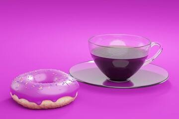 coffee in a glass cup and a donut with pink glaze. 3d render.