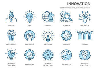 Innovation flat line icons. Vector illustration. Editable stroke.