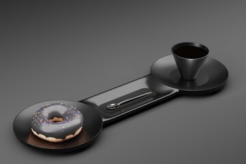 Loft-style table setting in dark colors. Stylish breakfast. Donut with gray glaze, spoon, cup of coffee on a double glossy plate. 3d render.