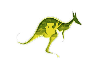 Kangaroo silhouette with Australian nature, koala bears inside, vector illustration in paper art style. The beauty of nature. Save animals, protect and discover wildlife. Travel. Multiple exposure.