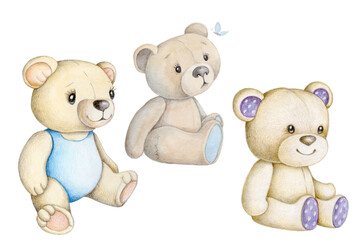 Cartoon teddy bears. Watercolor hand drawn art, isolated on white background.