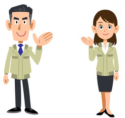 手のひらで案内する工務店の男女の全身
