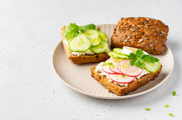 Open sandwiches (bruschetta) with cream cheese (ricotta) radish and cucumber slices, boiled egg half, cilantro and chopped green onion on plate. Healthy morning breakfast, lunch or dinner. Copy space.