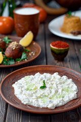 Ali nazik meze, a traditional Turkish dish of yoghurt and eggplant puree topped with a mint leaf. Side dish for kebab in a clay plate on a wooden background. Close-up, table setting.