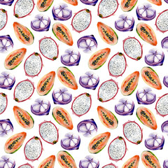 Watercolor hand drawn seamless pattern with dragon fruits, papaya and mangosteens on white background. Bright tropical pattern is perfect for textile, stationery design or scrapbooking.