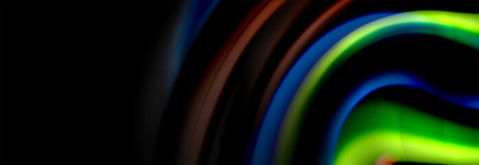 Dynamic motion abstract background. Color blurred stripes on black. Wave liquid lines poster. Vector illustration