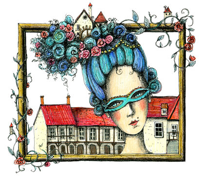 Marie Antoinette with big hairstyle with flowers, leaves, frame and houses. Hand drawn colored pencils illustration.