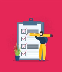 Positive business man with a giant pencil on his shoulder nearby marked checklist on a clipboard paper.  Illustration flat design style