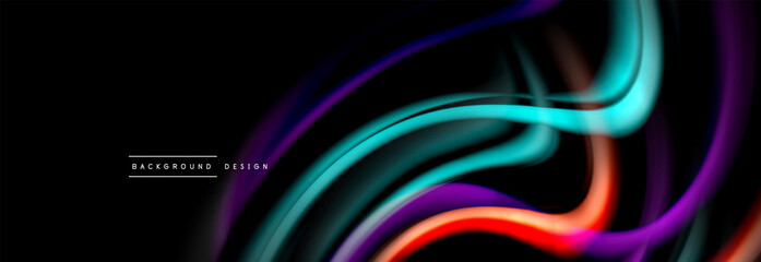 Dynamic motion abstract background. Color blurred stripes on black. Wave liquid lines poster. Vector illustration
