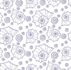 Cute seamless pattern with hand drawn shells. Ocean background. Vector