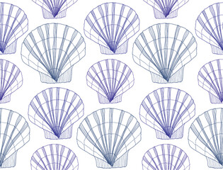 Cute seamless pattern with hand drawn shells. Ocean background. Vector