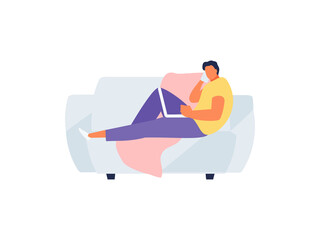 Male freelancer on the couch working at home. Remote work vector illustration