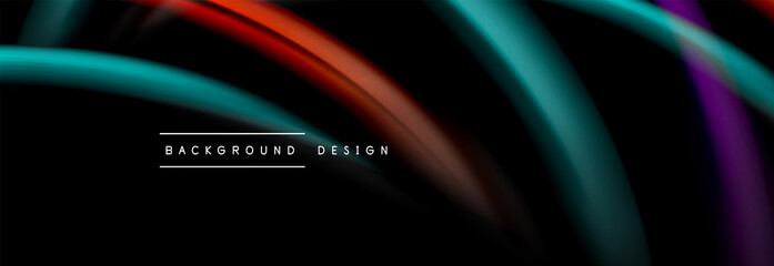 Dynamic motion abstract background. Color blurred stripes on black. Wave liquid lines poster. Vector illustration