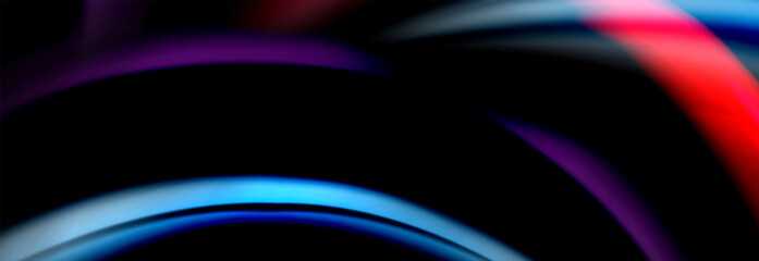 Dynamic motion abstract background. Color blurred stripes on black. Wave liquid lines poster. Vector illustration