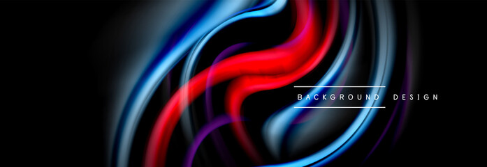 Dynamic motion abstract background. Color blurred stripes on black. Wave liquid lines poster. Vector illustration