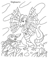 Black and white vector illustration for kids coloring book. Dinosaur Dilophosaurus looks at a butterfly on a valley.