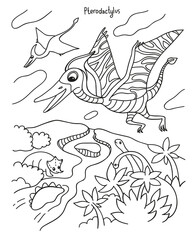 Black and white vector illustration for kids coloring book. Dinosaur Pterodactylus flies in the sky.