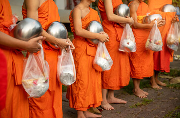 Naklejka premium Selective focus of the Monks standing to receive alms in the morning in the old town of Chiang Mai District.