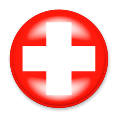 Flag of Switzerland in the form of a round button with a light glare and a shadow. The symbol of Independence Day, a souvenir, a button for switching the language on the site, an icon.