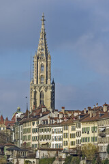 Fototapeta na wymiar View oh the old Town and The Bern Minster cathedral in Bern, switzerland